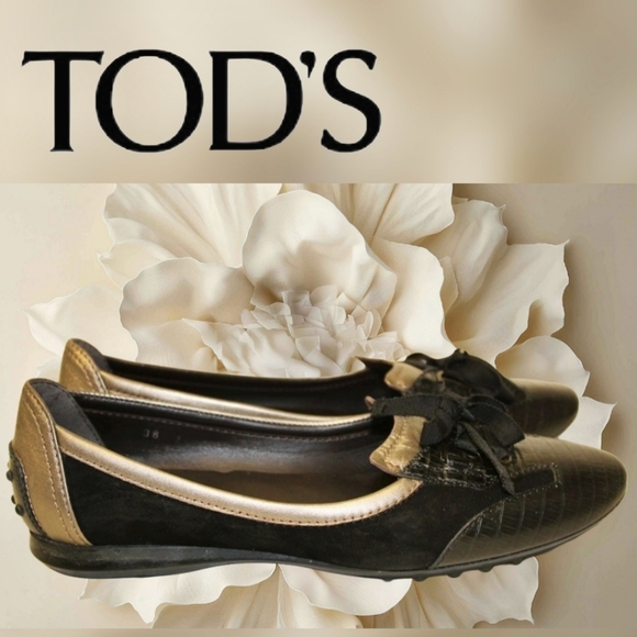 Tod's Shoes - Tod's Gold Black Suede Ballet Flats Comfort Slip On Driving Shoes 8